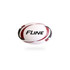 A rugby ball featuring a white base with red and black curved stripes and a logo.