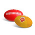 Two promotional AFL balls, one red with white lettering and one yellow with a logo, featuring classic stitching.