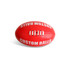 A red promotional AFL ball with white stitching and text, featuring a logo and a smooth surface.