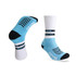 Crew woven bamboo work socks in blue and white, featuring black accents and a branded logo.