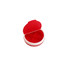 A round pill box in red and white, featuring four compartments and a hinged lid. It has a branding logo on the side.