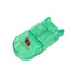 A green pill box with a built-in cutter, featuring a logo on the surface.