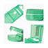 A green pill box with a cutter, featuring a transparent design and a hinged opening mechanism.