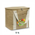 A brown cooler bag with a zip, featuring a front pocket and sturdy white handles. It has a logo.