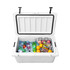 A 65L white cooler box filled with ice, drinks, fruits, and snacks, featuring a wire basket.