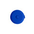 A blue, round tape measure with a button and a loop for attachment. It features a logo on the surface.