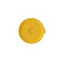 A yellow round tape measure with a button for retracting, featuring a simple design and a branding logo.