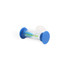 A blue and clear three-minute sand timer with circular ends, featuring a logo on the body.