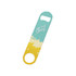 A drink bottle opener in teal and yellow, featuring a splash design and a logo. Ideal for keyring attachment.