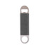 A drink bottle opener with a stainless steel end and a grey PU leather handle, featuring branding.