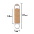 A drink bottle opener with a stainless steel design and a tan PU leather grip. It features a logo. Dimensions are provided.