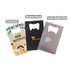 A drink bottle opener in a card shape, featuring multiple designs, colours, and a logo on each variant.