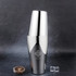 A stainless steel cocktail shaker in shiny silver, featuring two sizes, alongside ice cubes on a dark background.