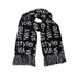 Acrylic fibres scarf in black and white featuring a repeated text pattern with fringe edges. Includes a logo.