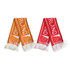 Two scarves in orange and red with white fringing, featuring a logo and text design.