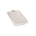 A stainless steel hip flask with a sleek, polished finish and a rounded edge, featuring a logo.
