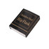 A black box containing a stainless steel hip flask. The box features a logo and decorative elements in gold.