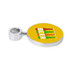 A round yellow beer tap badge with a silver holder, featuring an illustration of drink bottles.