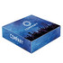 A mini tissue box with a blue starry design and a logo on the front.