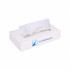 A white tissue box featuring a logo and a rectangular opening for easy access to tissues.