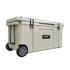 A 120L cooler box in beige, featuring wheels for mobility and a sturdy design, with a logo on the front.
