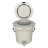 A beige ice bucket with a lid and a faucet at the bottom, featuring handles on the sides and a logo.