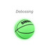 A glowing green basketball with black accents and a branded logo, featuring a textured surface.