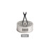 A silver car clip air freshener with a geometric design and black accents. Features a logo on the base.