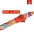 An RPET wooden umbrella with a curved handle featuring a vibrant, multicoloured canopy and a logo.