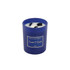 A 6.6oz glass candle in a blue jar, filled with natural soy wax and topped with fragrance. It features a logo on the jar.