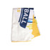 A folded colour sports towel in white, featuring a yellow trim and a logo. Suitable for gym and outdoor use.