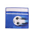 A blue sports towel featuring a soccer ball design, with a white terry cloth backing. It includes a logo.