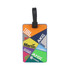 A colourful custom-shaped PVC luggage tag featuring various logos and a black strap for attachment.