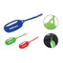 Coloured silicone luggage tags in blue, green, and red. Each tag features a loop for attachment and a branding logo.