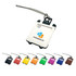 A white ABS luggage tag with a clear name slot and a branding logo, available in various colours.