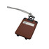 A brown ABS luggage tag with a clear panel for personal information and a metal loop for attachment.