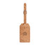 A cork luggage tag with a silver buckle, featuring a logo, in natural cork colour.