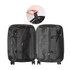 A black wheeled suitcase opened to display its interior compartments and straps, featuring a handle on the top.