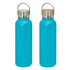 A drink bottle in a vibrant turquoise colour with a stainless steel and bamboo lid; features a logo.