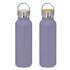 A drink bottle featuring a powder-coated lavender exterior, stainless steel top, and wooden lid, with a logo.