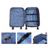 A collapsible suitcase in black with a blue patterned interior, featuring two wheels and a badge.