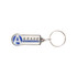 A custom-shaped embossed soft enamel keyring in silver and blue, featuring a logo.