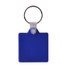 A square hard plastic keyring in blue with a silver metal ring attachment.