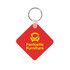 A square, red keyring with a silver metal keychain and a logo on one side.
