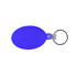 A purple oval keyring with a metal ring attachment, featuring a smooth, soft surface.