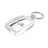 A rectangular acrylic keyring with a clear design and a metal keychain. It features a logo and text.