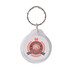 A round acrylic keyring with a silver metal keychain, featuring red and black branding elements.