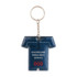 A blue PVC keyring shaped like a polo shirt, featuring a logo and silver keychain attachment.