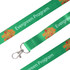 A green sublimation lanyard with a clip and decorative tree design. It features a logo.