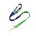 A green and blue sublimation lanyard with a clip and a logo, featuring a vibrant pattern.